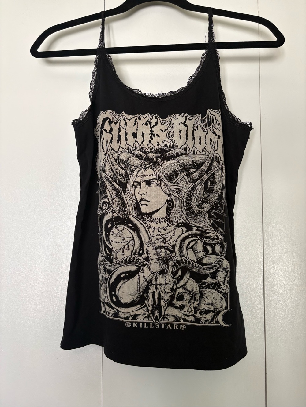 Killstar Black Graphic Lace-Trim Cami with Lilith Illustration